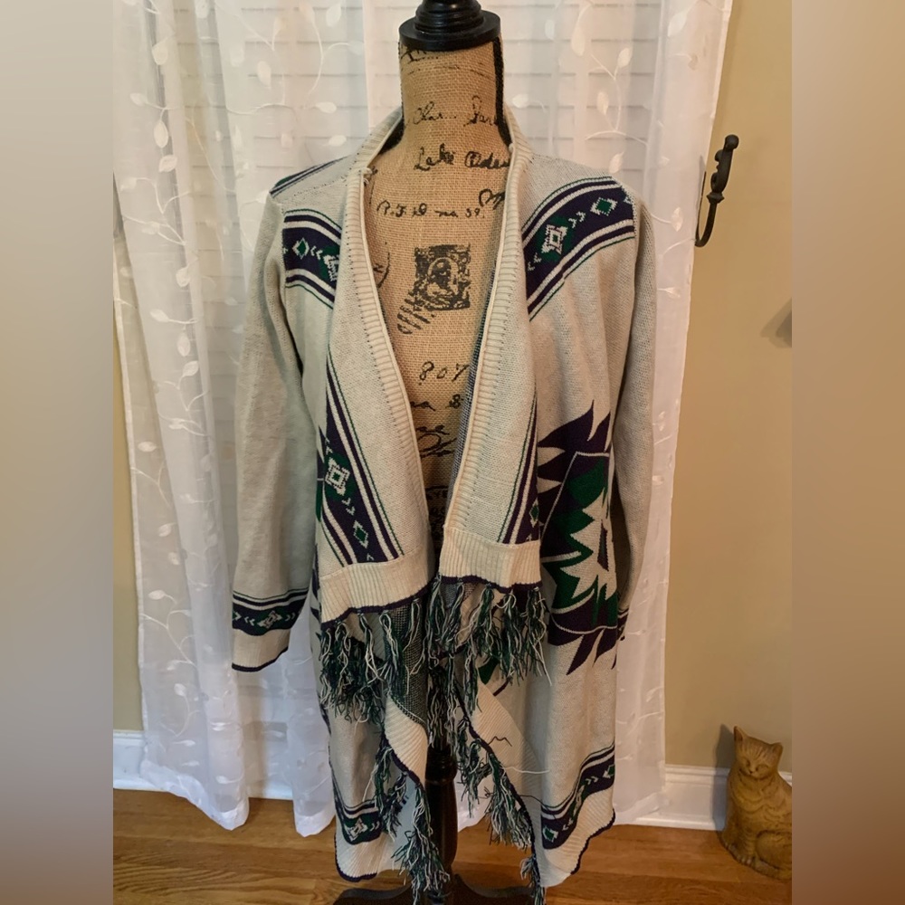Bo Bel Beige with Dark Green and Purple Fringe Cardigan Sweeter NWT